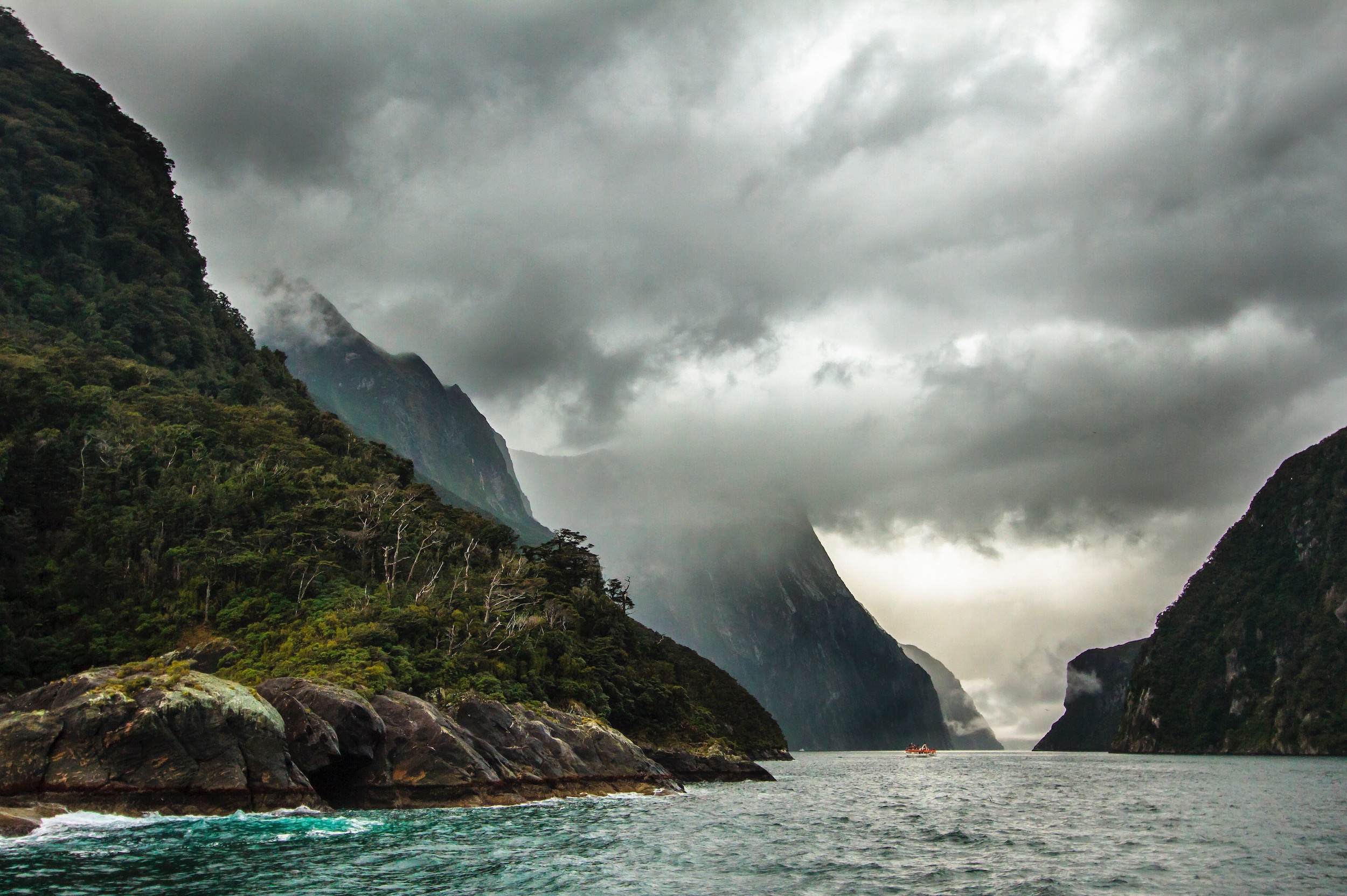 Sunlight falling between the steep green mountains of Milford Sound, New Zealand